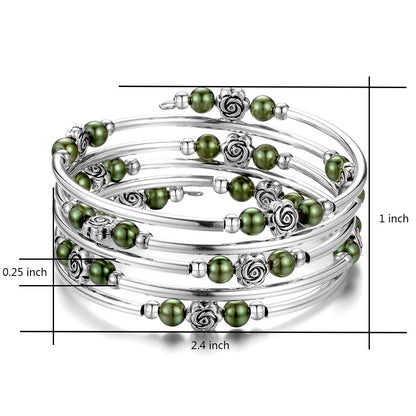 BULINLIN Wrap Bangle Rose Bead Bracelet - Beaded Bracelet with Natural Agate Stone Gifts For Women(01-Olive green pearl)