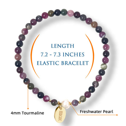 Morchic 4mm Natural Tourmaline Gemstone Beads Stretch Bracelet for Women, With Freshwater Pearls, Energy Gem Birthday Gift for Her 7.2”