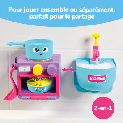 Toomies E73264 Bubble & Bake Bathtime, Bath Toddlers, Kitchen Themed Bubble Making Toy, 2 in 1 Set, Kids Water Play Suitable for 18 M & 2 3 & 4 Year Old Boys & Girls, Multicoloured, 21 X 28 X 15 cm