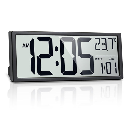 Henescribe 16" Large Digital Wall Clock Battery Operated with Big Display Numbers, Temperature and Date, Auto DST and Alarm, for Office, Classroom, Gym, Bedroom, Living Room