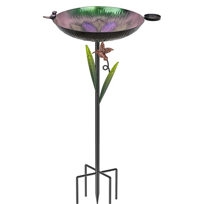 YALINKA 41.5" Metal Bird Bath for Outside, Detachable Birdbath Sturdy 5-Prong Stake Base with Bowl & Decorative Birds, Durable Iron Garden Birdbath & Feeder for Patio Wildlife Décor (Purple to Green)