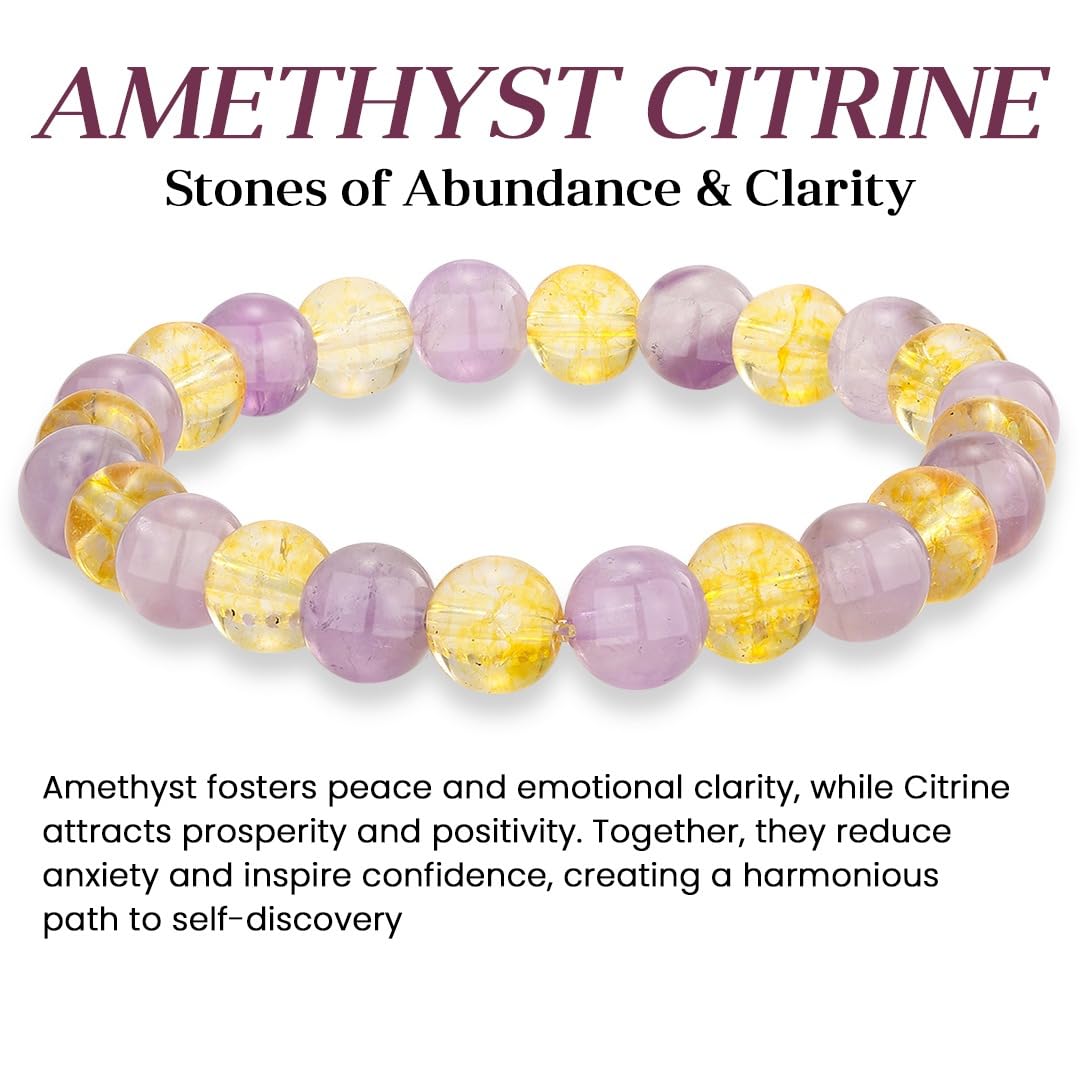 Crystal Vibe Citrine and Amethyst Crystal Bracelet for Birthday - 8mm Beaded Bracelet for Spirituality and Success - Healing Chakra Gifts for Women - Elastic Adjustable Size
