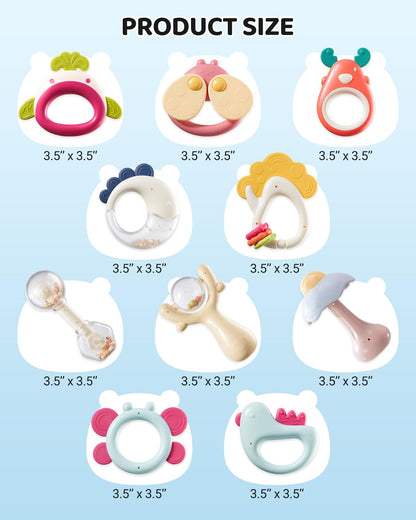 CrystCare Baby Rattles & Teethers Toys 10-Piece Set, Sensory Toys for 0-12 Months Newborn Infants，Developmental Baby Shower Gift with Gift Box for Boys and Girls(BPA Free)