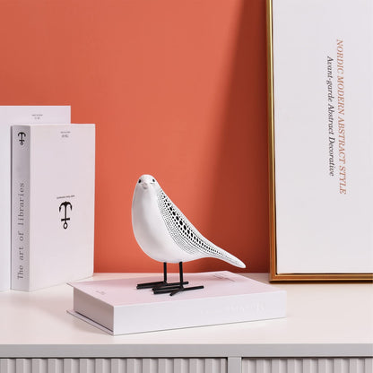 Quoowiit Bird Figurine, Modern Sculpture and Statues for Home Decor, Animal Statues for Bookshelf, Table, Entryway, Fireplace, Resin Decorative Sculpture with Chic Polka Dots Art Design (White)