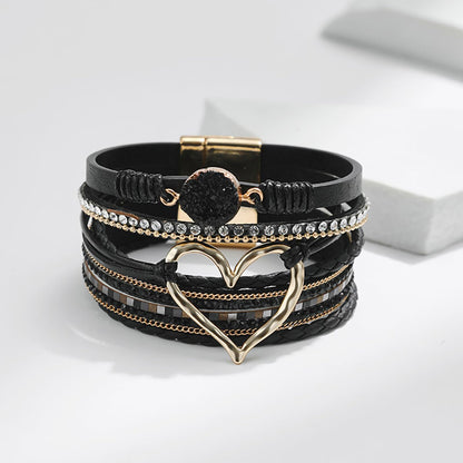 Leopard Bracelet for Women, Boho Leather Wrap Multi-Layer Pearl Crystal Bracelet Bangle Jewelry (Heart Leather(Black))