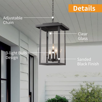 Smeike Outdoor Pendant Light Exterior Hanging Lantern, Large Outdoor Hanging Porch Light, Matte Black Finish with Clear Glass, 3 Light Outdoor Chandelier