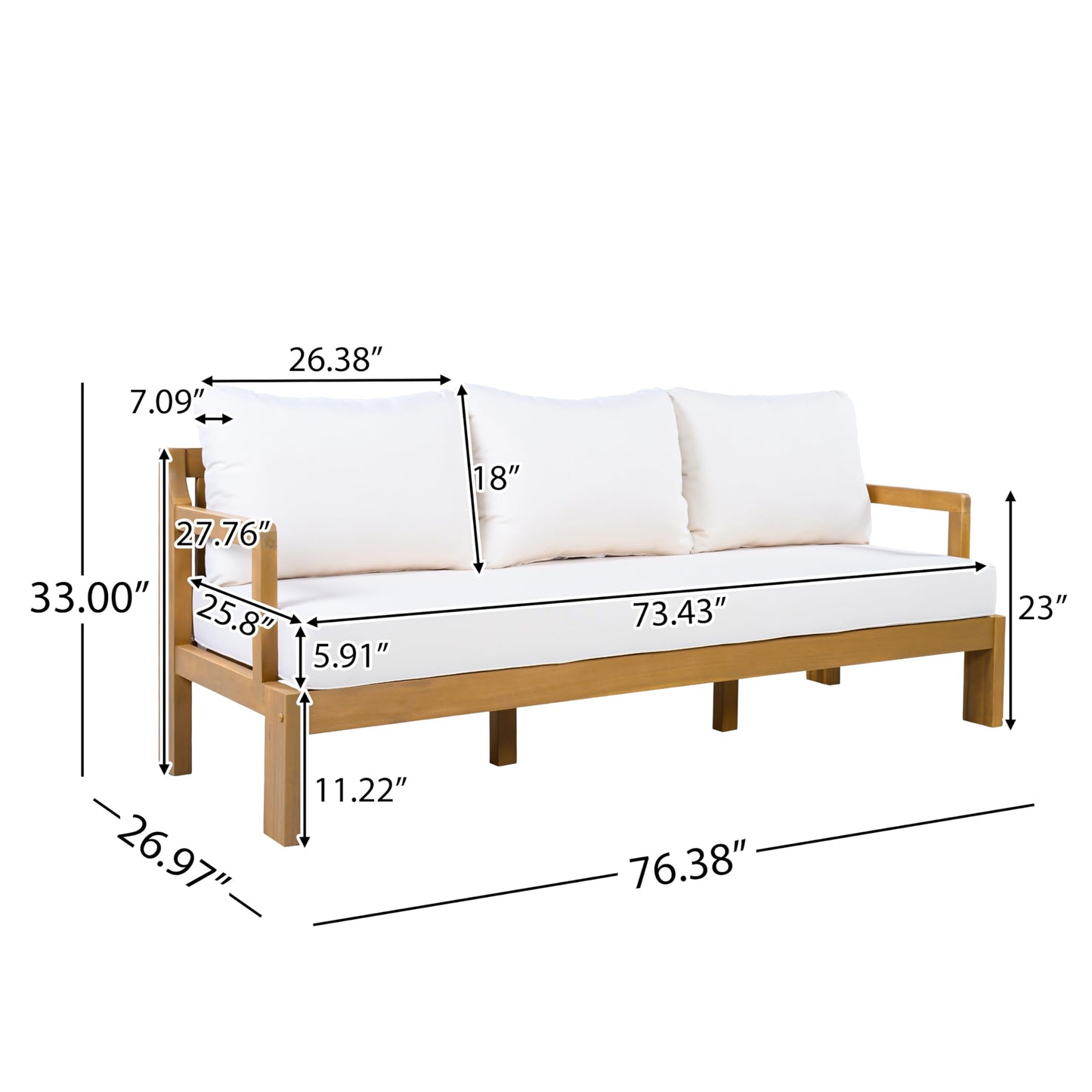 Christopher Knight Home Bayah Acacia Wood Outdoor 3 Seater Sofa with Cushion, Solid Wood Patio Sofa with Removable Cushion, Comfy Lounge Sofa for Patio Furniture Set, Natural Teak+Beige