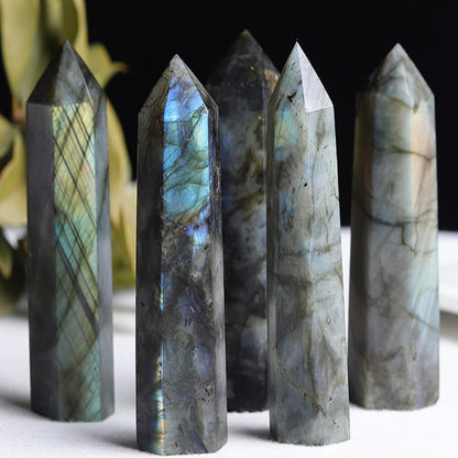 Natural Stone and Crystals Point Wand Reiki Healing Stone Rose Quartz Amethyst Home Decor Mineral Stones Crafts (5.9inch Wand Labradorite)