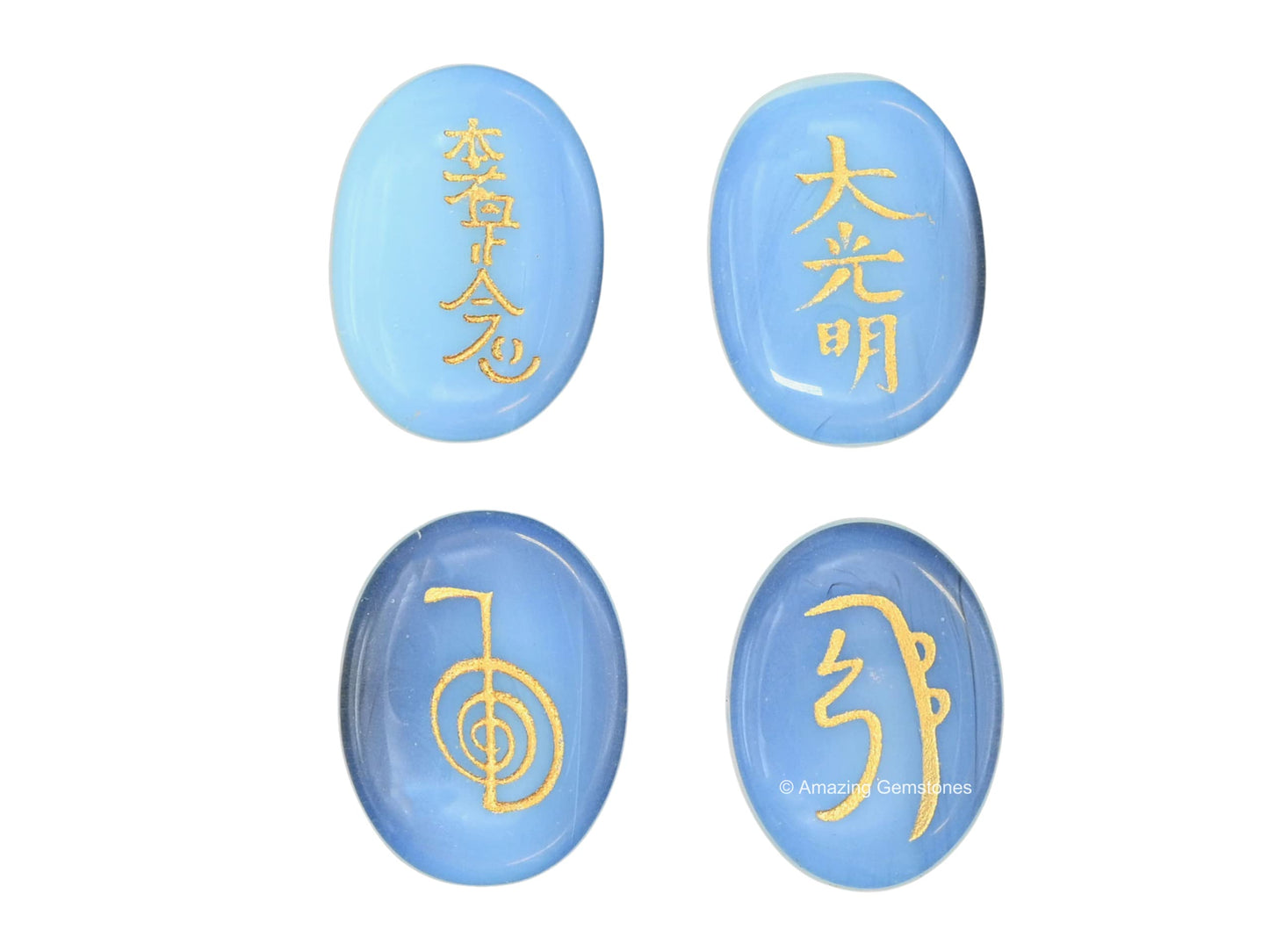 Amazing Gemstone Opalite Crystal Reiki Stones with Engraved Symbols for Usui Reiki Healing, Set of 4 Pcs (Indian Handmade Reiki Gift Set)