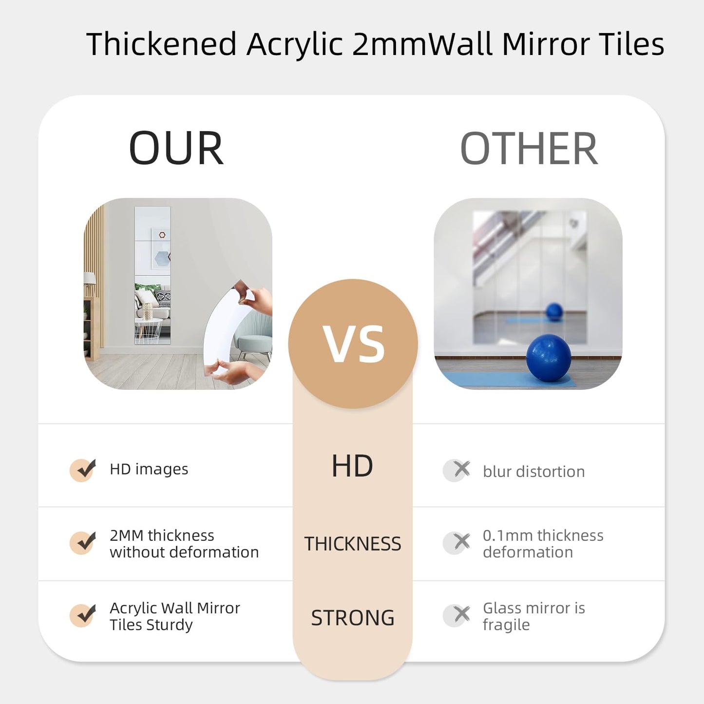 PopularLdo Shatterproof Acrylic Wall Mirror Tiles, 6 Pack 12x12 Inch Self-Adhesive Full Body Wall Mirrors for Bedroom, Home Gym, Bathroom & Living Room, Unbreakable Flexible Mirror Sheets
