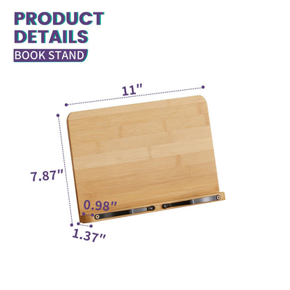 Bamboo Book Stand, Adjustable Reading Holder with Page Clips, Portable Lightweight Desk Stand for Textbooks, Cookbooks (Small)