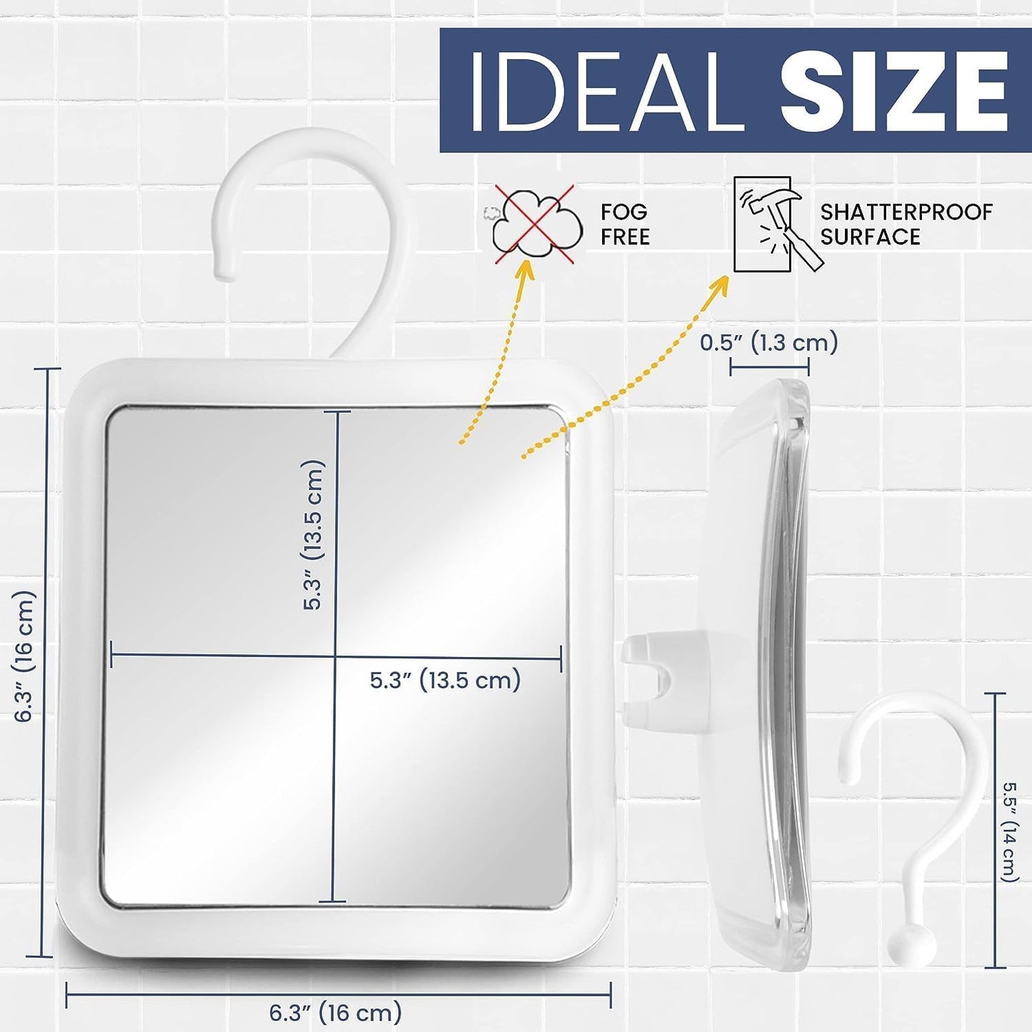 MIRRORVANA Hangable Fogless Shower Mirror for Shaving with 360° Swivel Hook for Hanging - Anti Fog and Shatterproof 6.3" x 6.3" Surface