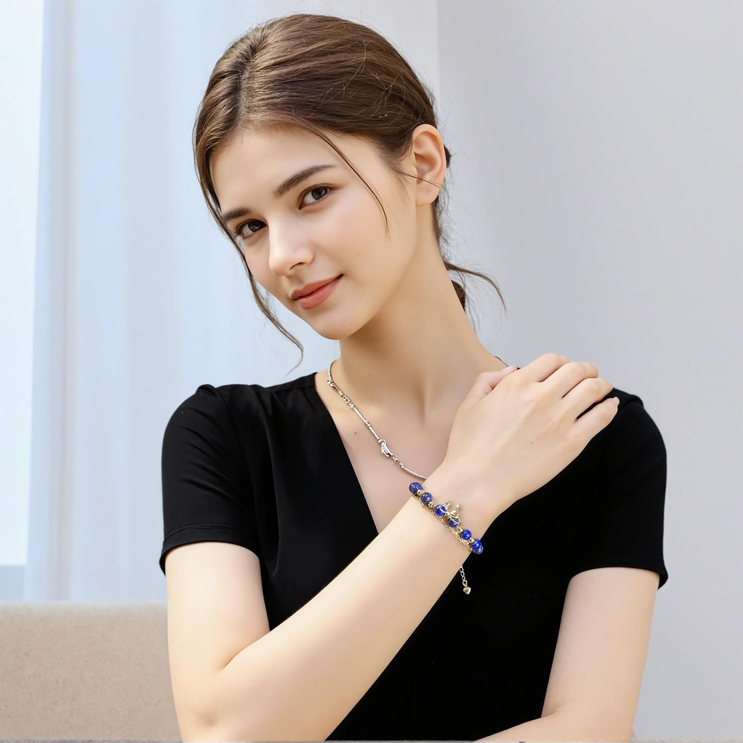 NeoHundreds Luxury Handmade Lapis Lazuli Bracelet Natural Crystal Gemstone 14K Gold-Plated Chain With Bow,Elegant Unique Jewelry Gift Ready for Woman Her Girlfriend Daughter Mother Day