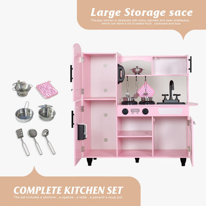 TaoHFE Play Kitchen, Pink Kids Kitchen Set for Girls Kitchen Set for Kids Ages 6-8 Gift Toddler Kitchen Set for Kid Age 3+ Kitchen Playset with Lights & Sounds Wooden Toy Kitchen Playset Gift