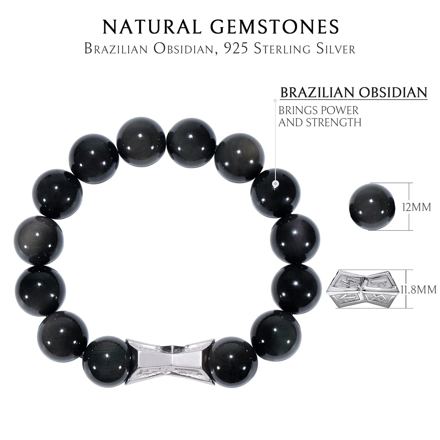 AWNL® Men's Beaded Bracelet with Sterling Silver Engraved Runes Charm 12mm Obsidian Natural Gemstone Gift for Men, 6.5''-7.1''