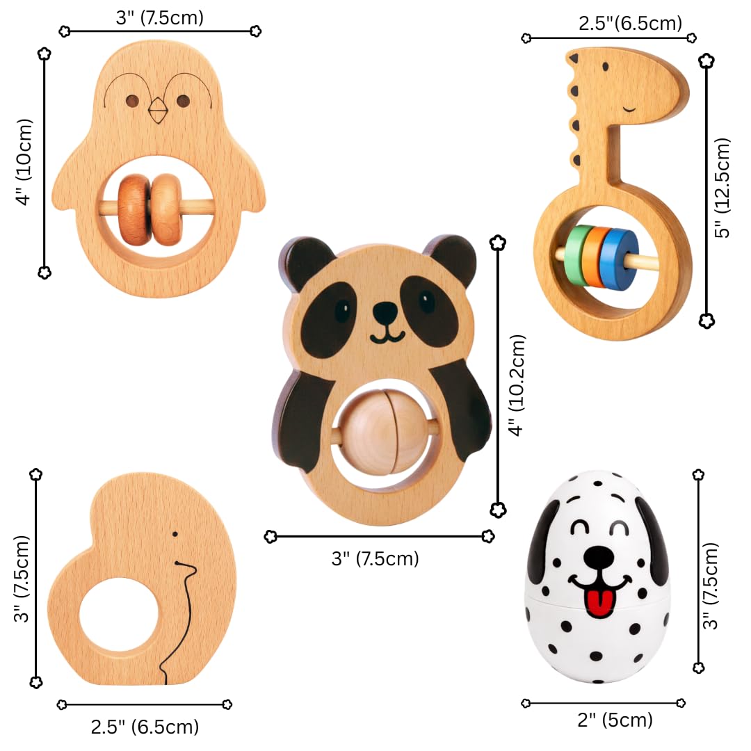 Voofy Wooden Baby Rattle Set (5pcs) – Montessori Infant Grasping Toys for 0-12 Months, Natural Non-Toxic Sensory Development Toy, Eco-Friendly Shaker Organic Baby Shower Gift for Boys & Girls