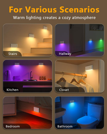 WILLED Stair Lights Indoor RGB & Warm White,Rechargeable Motion Sensor Night Light,Wireless Motion Sensor Lights Indoor for Stair,Bathroom,Hallway,Kitchen,Closet,Cabinet,Bedroom,Kids' Room