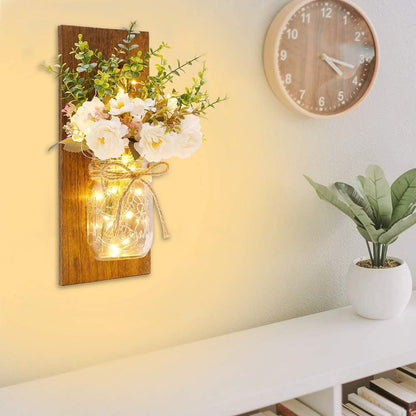 Rustic Wall Sconces Mason Jar Sconces Handmade Wall Art Hanging Design with Remote Control LED Fairy Lights and White Peony, Wall Decor Gift Farmhouse Wall Home Decor Living Room Lights Set of Two