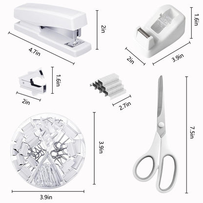 Office Supplies, White Desk Accessories,Desk Organizer,Phone Stand,Scissors,Stapler,Tape Dispenser,Binder clips,Staples,staple remover,Sticky Notes,Index Tabs,Clear Tape,Mini Box Cutter,Cool Pen.16pcs