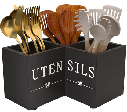 Natheeph Utensil Holder, Kitchen Utensil Holder for Counter, Extra Large Utensil Holder w/ 3-Compartment, Farmhouse Black Utensil Holder with Well-made Wood for Corner Organizer, Housewarming Gift