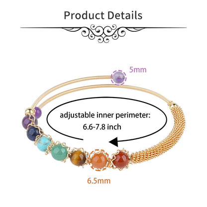 ASGIFT 7 Chakra Bracelet Adjustable 14K Gold Wire Wrapped 6.5mm Beads Bracelet Natural Crystal Yoga Meditation Bracelet Jewelrys for Women
