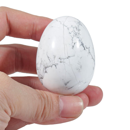 Fekuar Stone Egg Figurine, Polished Healing Crystal Easter Eggs Sphere Sculpture with Wood Stand, Natural White Howlite Turquoise, 1.8"