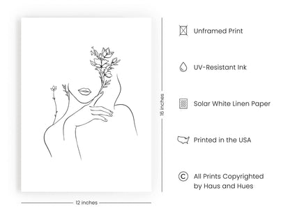 HAUS AND HUES Black and White Prints Line Art Line Art Wall Decor Minimalist Wall Art for Women, Line Drawings Minimalist Silhouette Wall Art Female UNFRAMED 12” x 16” (Woman with Flower)