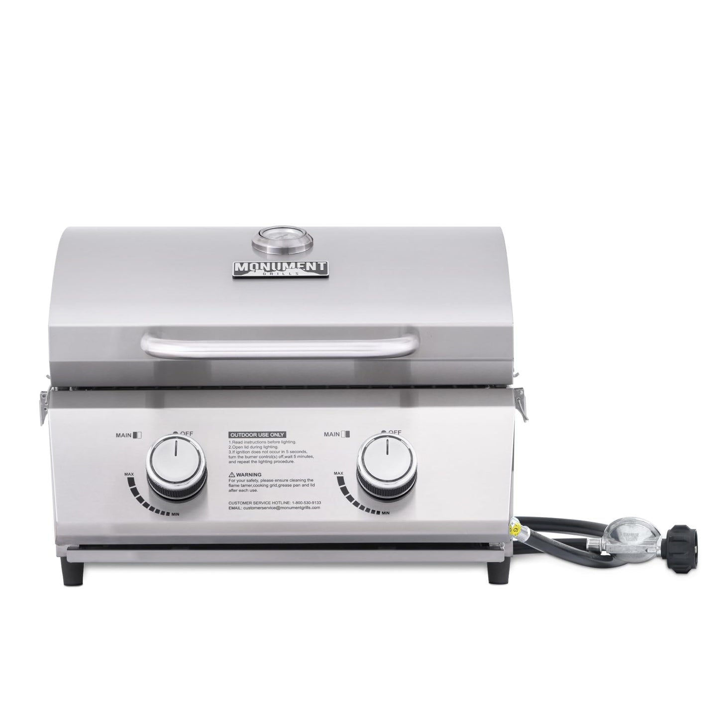 Monument Grills Tabletop Propane Gas Grill for Outdoor Portable Camping Cooking with Travel Locks, Stainless Steel High Lid, and Built in Thermometer