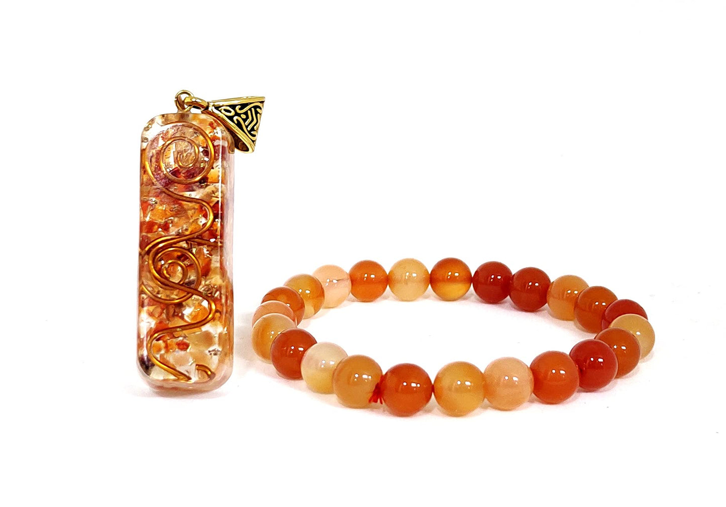 Sawcart Carnelian Crystal Orgone Pyramid with Flower of Life Symbol, Stone Bracelet & Orgone Pendant Necklace Kit for Aura Cleansing, Reiki Spiritual Healing, Energy Generator, Yoga Meditation