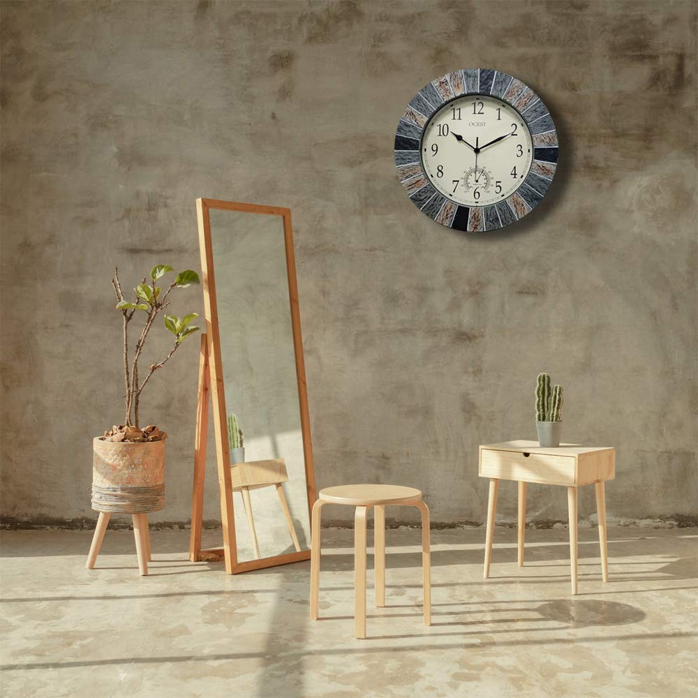 OCEST 13 Inch Large Outdoor Indoor Clock, Waterproof Wall Clock with Thermometer, Weather-Resistant Non-Ticking Battery Operated Decor for Patio, Pool, Lanai, Fence, Porch, Garden（Brown）