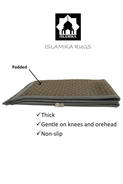 Islamika Prayer Mat Thick Islamic Muslim Rug - Padded mat Sajadah Men Women with Islam Prayer Beads for Eid Travel Ramadan, Soft and Padded (Gray)