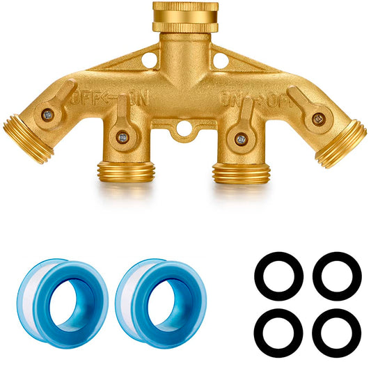 YELUN Garden Hose Splitter Heavy Duty Brass Connector, Garden Faucet Splitter for Outdoor Faucet Hose Bib Splitter, Adapter with Comfortable Grip Shut Off Valves (4 Way splitter)