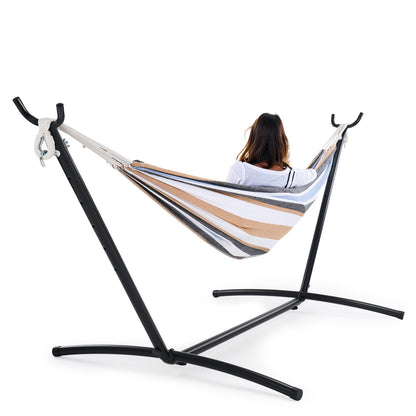 Sweetcrispy Double Hammock with Space Saving Steel Stand Heavy Duty 2 Person Standing Hammocks 450lb Capacity for Outside Garden Yard with Portable Carrying Bag, White