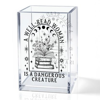 QYUVK A Well-read Woman Is A Dangerous Creature Acrylic Pencil Holder Cup, Funny Floral Books Desk Organizer for Book Lover Bookish Bookworms Readers, Women Empowerment Gifts for Mom Sister BFF