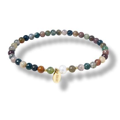 Morchic 4mm Natural India Agate Gemstone Beads Stretch Bracelet for Women, With Freshwater Pearls, Energy Gem Birthday Gift for Her 7.2”
