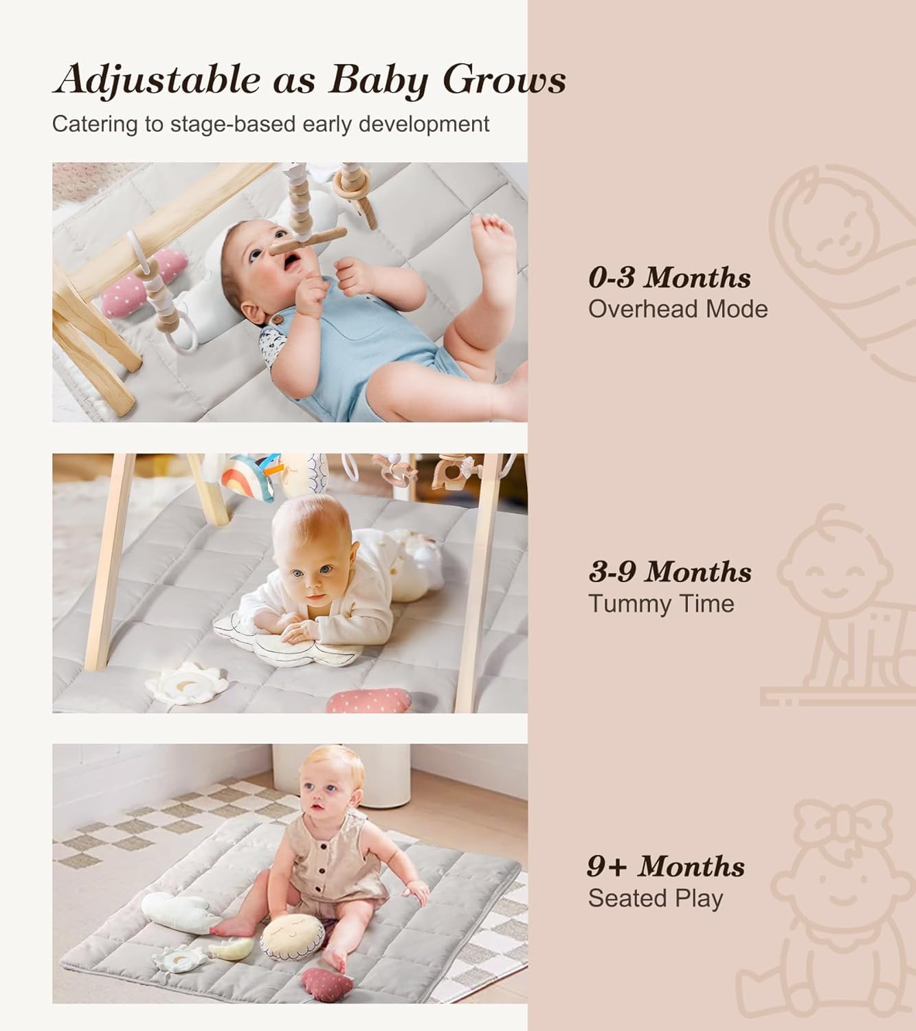 Wooden Play Gym with Beige Mat, Foldable Baby Play Gym, Infant Activity Mat with 6 Hanging Toys, Natural Pine Wood Frame Activity Center, Easy to Assemble & Clean, Newborn Present for Boys & Girls