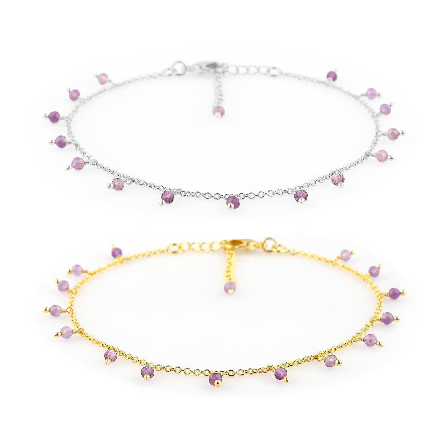 JOR Natural Amethyst Beaded Rosary Anklet, Handmade Craft, Anklet Beads Bracelet, Chakra Healing, Gemstone Women Jewelry, Dainty Gold and Silver Plated Combo Anklet 9 inch + 1.5 inch (2pcs)