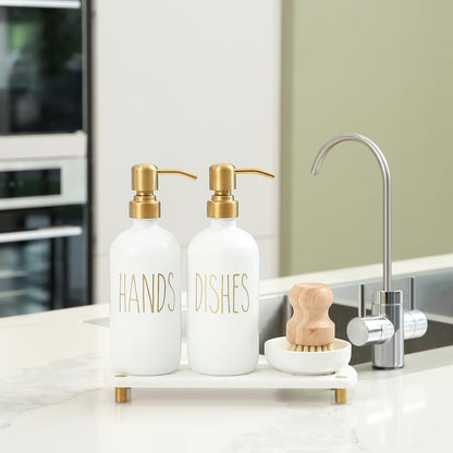 MOMEEMO Gold Soap Dispenser Set Comes with Stainless Steel Pumps, Instant Dry Tray, and Dish Scrub Brush, Suitable for Kitchen Decor and Accessories. (Gold)