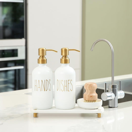 MOMEEMO Gold Soap Dispenser Set Comes with Stainless Steel Pumps, Instant Dry Tray, and Dish Scrub Brush, Suitable for Kitchen Decor and Accessories. (Gold)