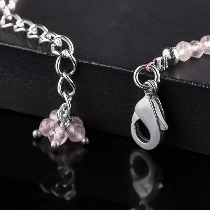 QNAVIC Pink Rose Quartz Micro Round Beads Dainty Bracelet for Women, Birthstone Bracelet jewelry Chakra Healing Crystals, Silver Plated Chain 8 inch Birthday Gift for Her