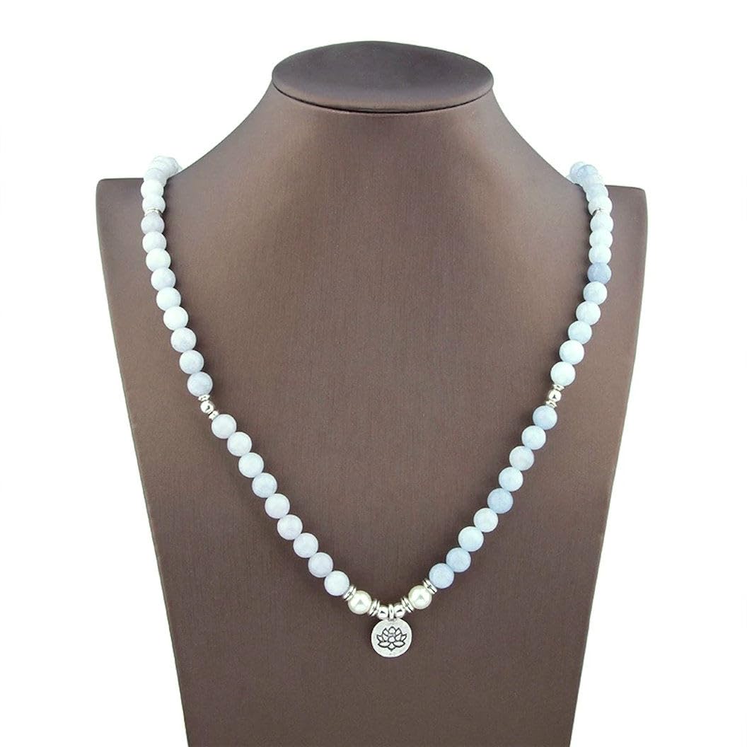 108 Bead Aquamarine Japa Mala Necklace – Handmade Yoga Jewelry with Lotus Charm – 8mm Natural Gemstones for Meditation, Chakra Bracelet, Reiki & Spiritual Balance – Stretchy Unisex Design