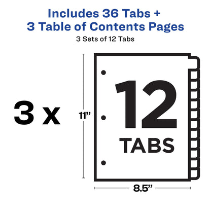 Avery Dividers for 3 Ring Binders, 12 Tabs per Set, Customizable Table of Contents, Classic White Tabs, Great for Organizing Reports, Projects, and More (3 Sets of 11078)