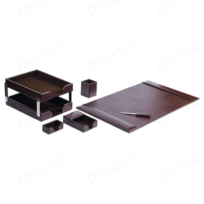 Dacasso Dark Brown Bonded Leather 8-Piece Desk Accessory Set - Organization Essentials & Executive Decor - Luxury Leather Blotter for Office Organization