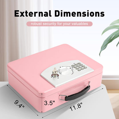 KYODOLED Pink Safe Box with Digital Keypad Lock, Lock Box with Code for Personal Items, Metal Security Box for Cash, Passport, Jewelry, Ideal for Home, Office, Garage Sale, 11.8'' x 9.4'' x 3.5''
