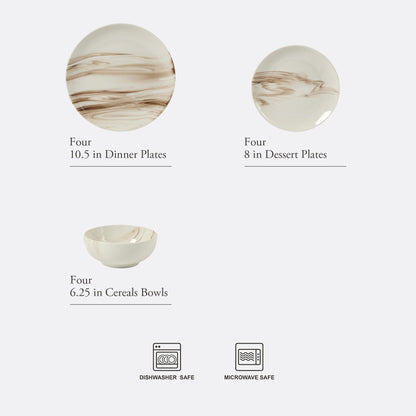 Gibson Home Cloudlight 12 Piece Plates and Bowls Dishes Brown and White - Decorated Porcelain Ceramic Dinnerware Set - Service for 4