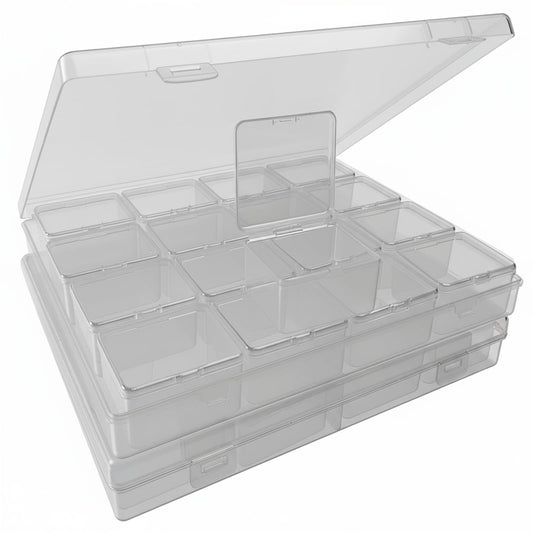 RHONZHAO 32-Grid Bead Storage Containers Set, 32 Clear Plastic Organizer Boxes w/Hinged Lids, Craft Parts Organizer for Jewelry & Diamond Painting (Clear 2 Pack)