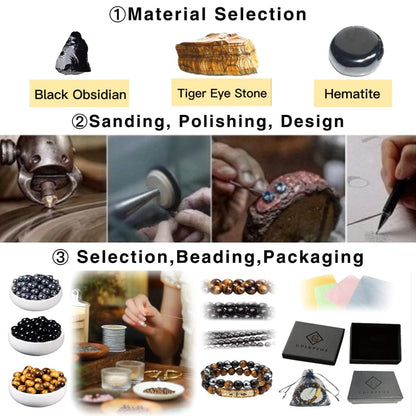 2Pcs Triple Protection Bracelet,Natural Tigers Eye Black Obsidian and Hematite 8 MM Beads Bracelet for Men Women Gift, Healing Crystal Bracelets Bring Luck and Prosperity and Happiness (Green)