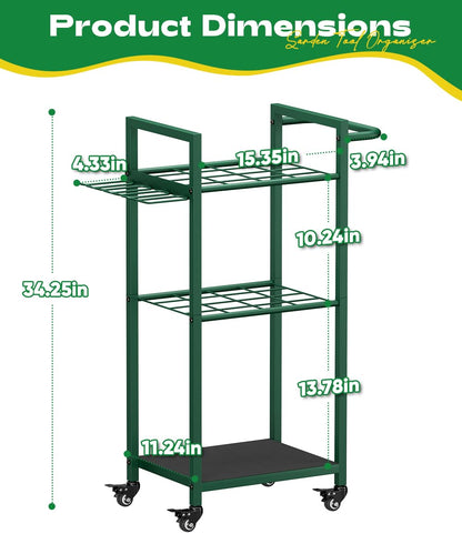 Lotspasie Garden Tool Organizer with Wheels, Heavy Duty 3 Tier Metal Yard Tool Storage Rack Holder with Side Hooks, Freestanding Garage Organizer for Shovels, Rakes, Brooms, Indoor Outdoor Use, Green