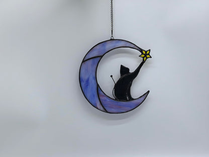 GONGWANTON Handmade Cat Stained Glass Window Suncatcher, Moon Design, Home Decor Hanging Ornament (Gift 5)