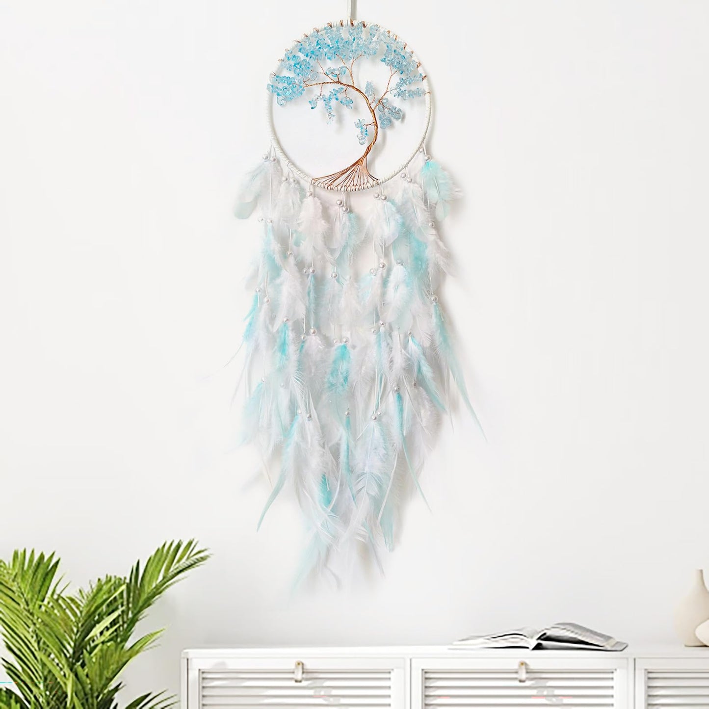 SOYUZU White and Cyan Dream Catcher Wall Decor Crystal Tree of Life Dream Catchers Handmade Feather Dreamcatcher Wall Hanging Ornament for Bedroom Living Room Home Decor